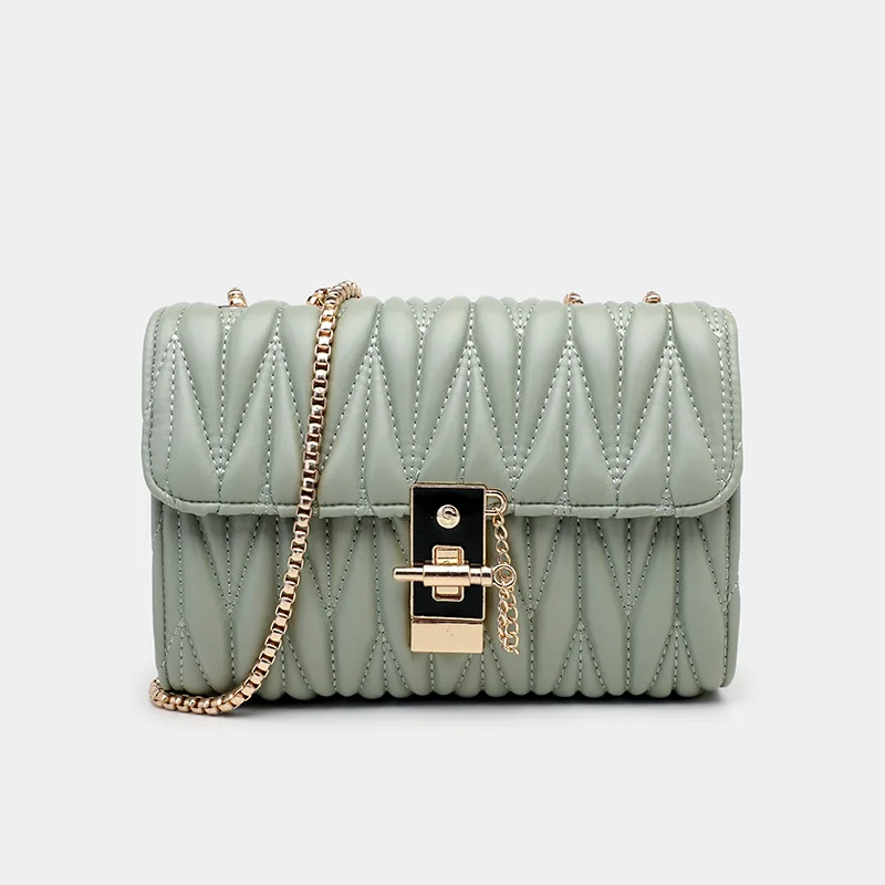 Fashion Women's Small Square Bag One Shoulder Crossbody Handbag Sewing Pleated Metal Chain Shoulder Strap Handbag Western Style