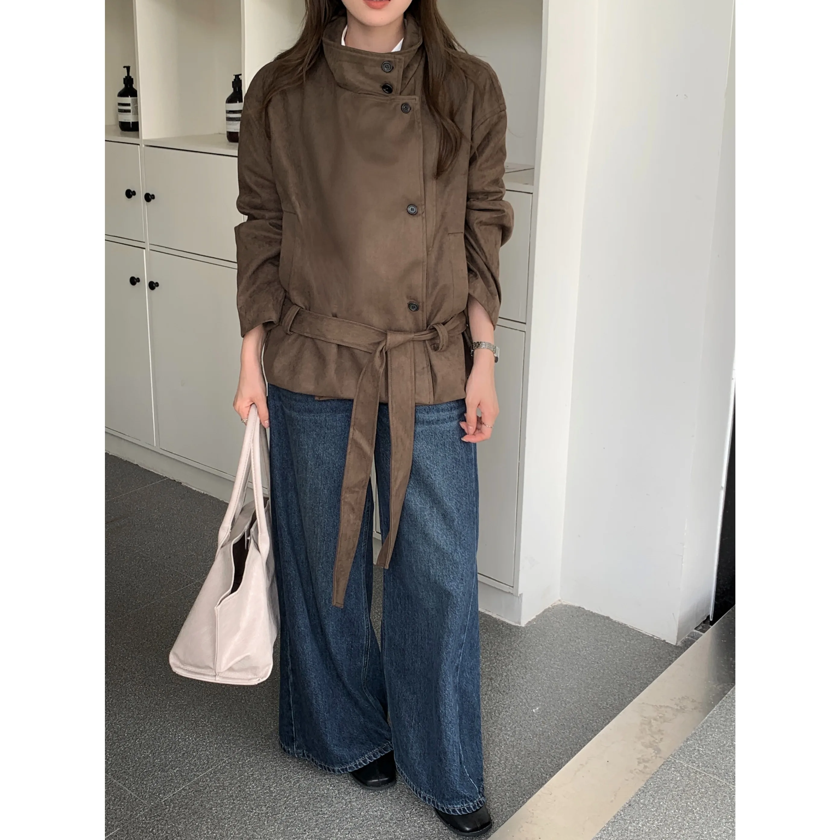 Faionable coreano sle gola cintura cinched couro jaet casaco ortopé feminino comprimento regular detalhe de botão