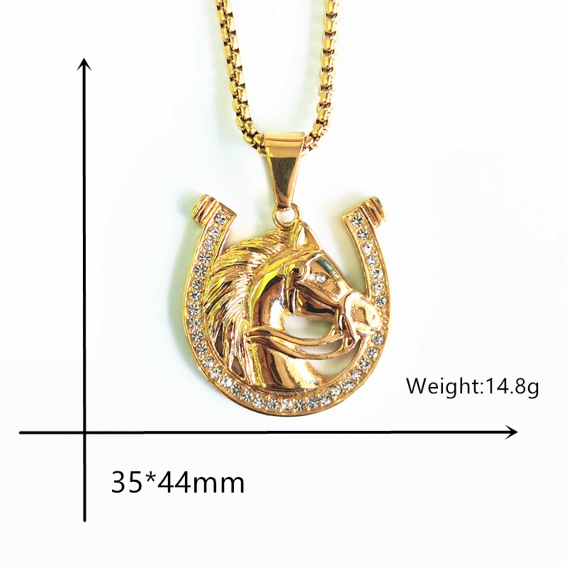 Csípő Fél lábon ugrál Lókereskedő Bunkó lova fejét medálok necklaces számára women/men Arany színben Rozsdaálló Acél Lópatkó Jeges Bukott bling ékszer