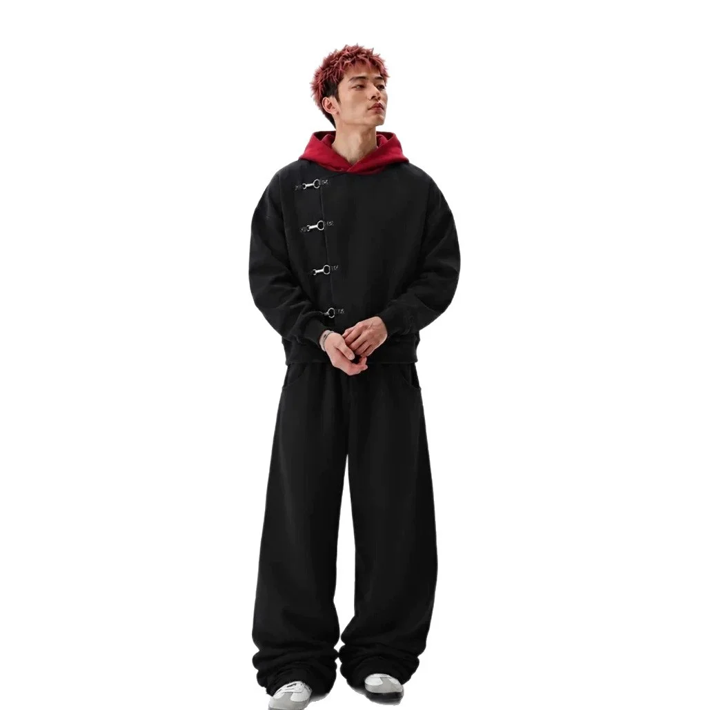 Men Women Gothic Streetwear Cropped Hoodie Contrast Red Hood Diagonal Metal Ring Buckle Strap Design Loose Oversized Couple Hood