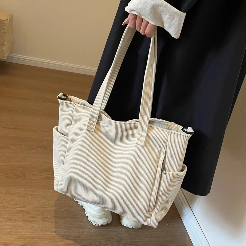 

Fashionable Striped Velvet Handbag Simple Style Corduroy Shoulder Bag Solid Color Large Capacity Commuting Women's Tote Bag