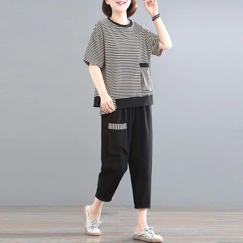 98% Cotton T Shirt Sets for Women Fashion Design Sriped T-shirt and Crop Pants Casual Loose Two Piece Set Summer Trendy Tee Set