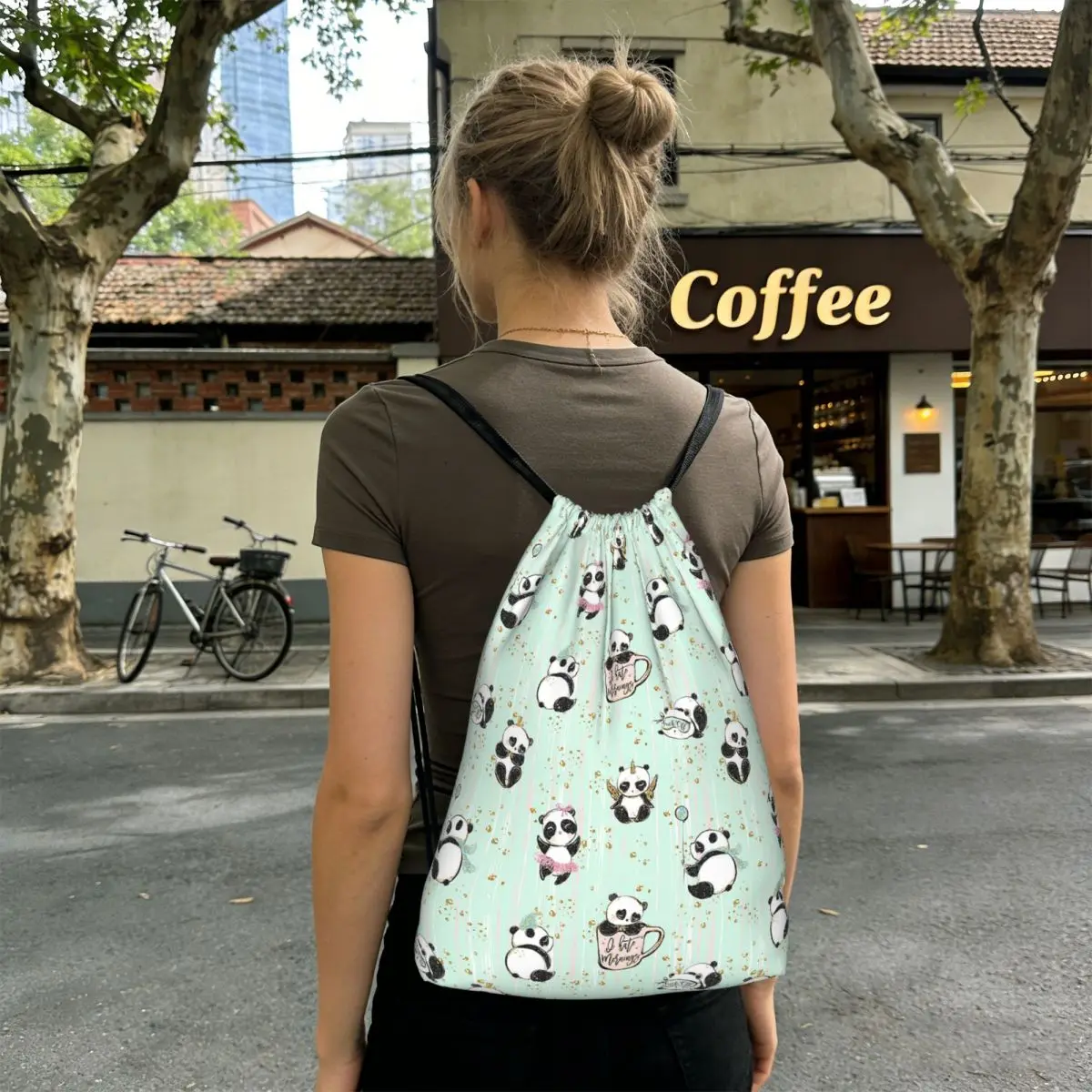 Cute Panda Wear Skirt Pattern Backpacks Fashion Drawstring Bags Shoes Bag Book Bags for Travel School