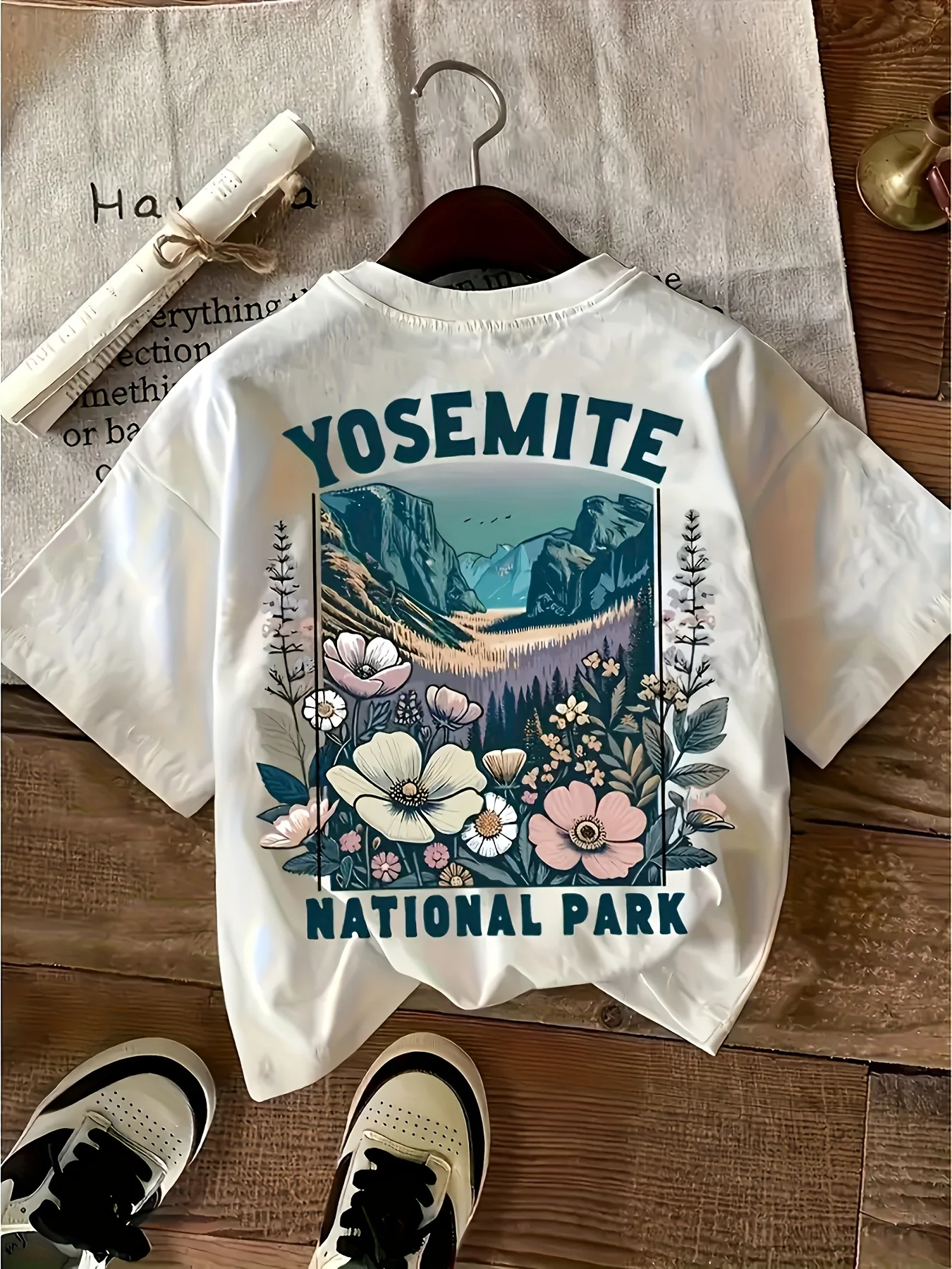 Women'S Vintage Yosemite National Park T-Shirt with Half Dome Waterfall Print Retro 1960s Inspired Floral & Mountain Design