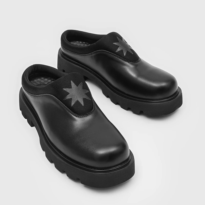 Black Niche Design Men Derby Casual Leather Shoes New Pointed-Toe Slippers Outdoor Half-Slipper Men Footwear Sizes 38-46