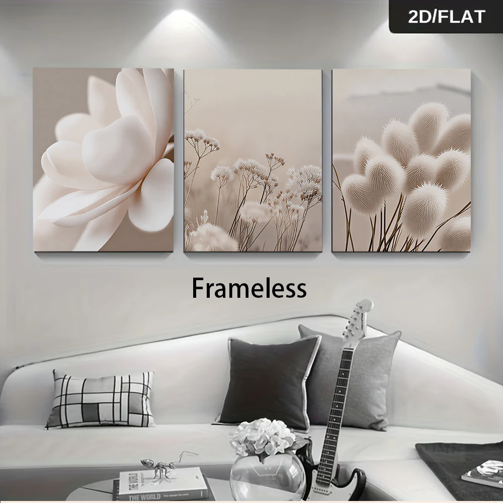 1 set of modern minimalist floral and plant triple living room sofa background wall frameless decorative painting 2D plan