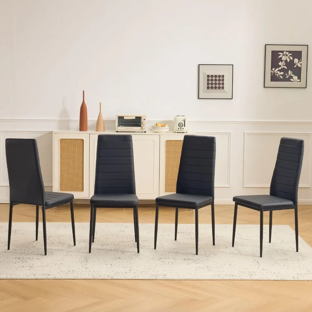 

A Set of 4 Dining Chairs, PU Leather Wrapped Kitchen Chair, with Padded High Backrest and Foot Cap Protection