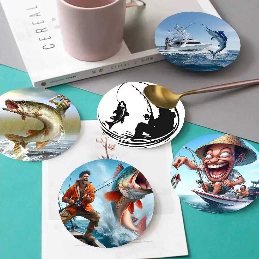 1pc Fishing Master Wooden Coaster Colour Printing Cup Mat Home Desk Decoration Gifts