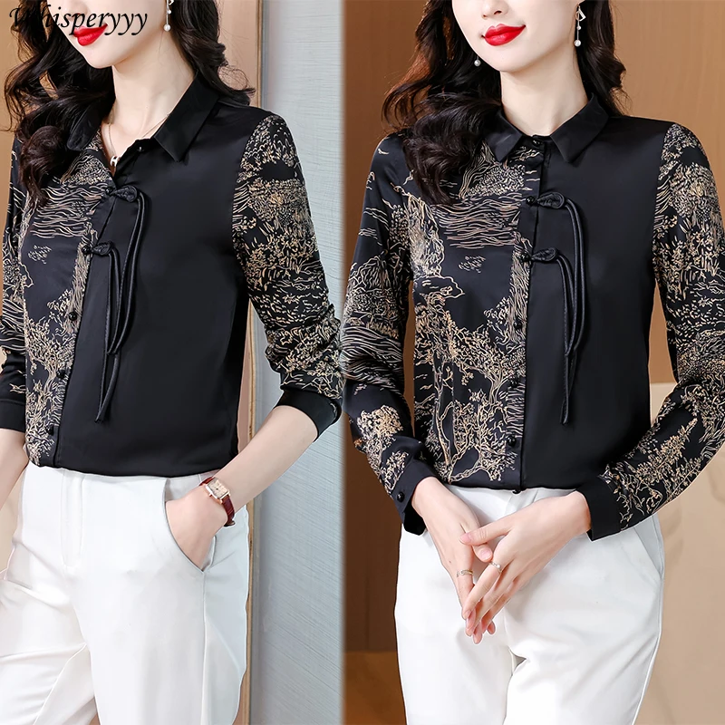 Long Sleeve Shirt for Women Printed Patchwork Blouse for Ladies Spring Autumn New Chinese Vintage Turn-down Collar Button Tops
