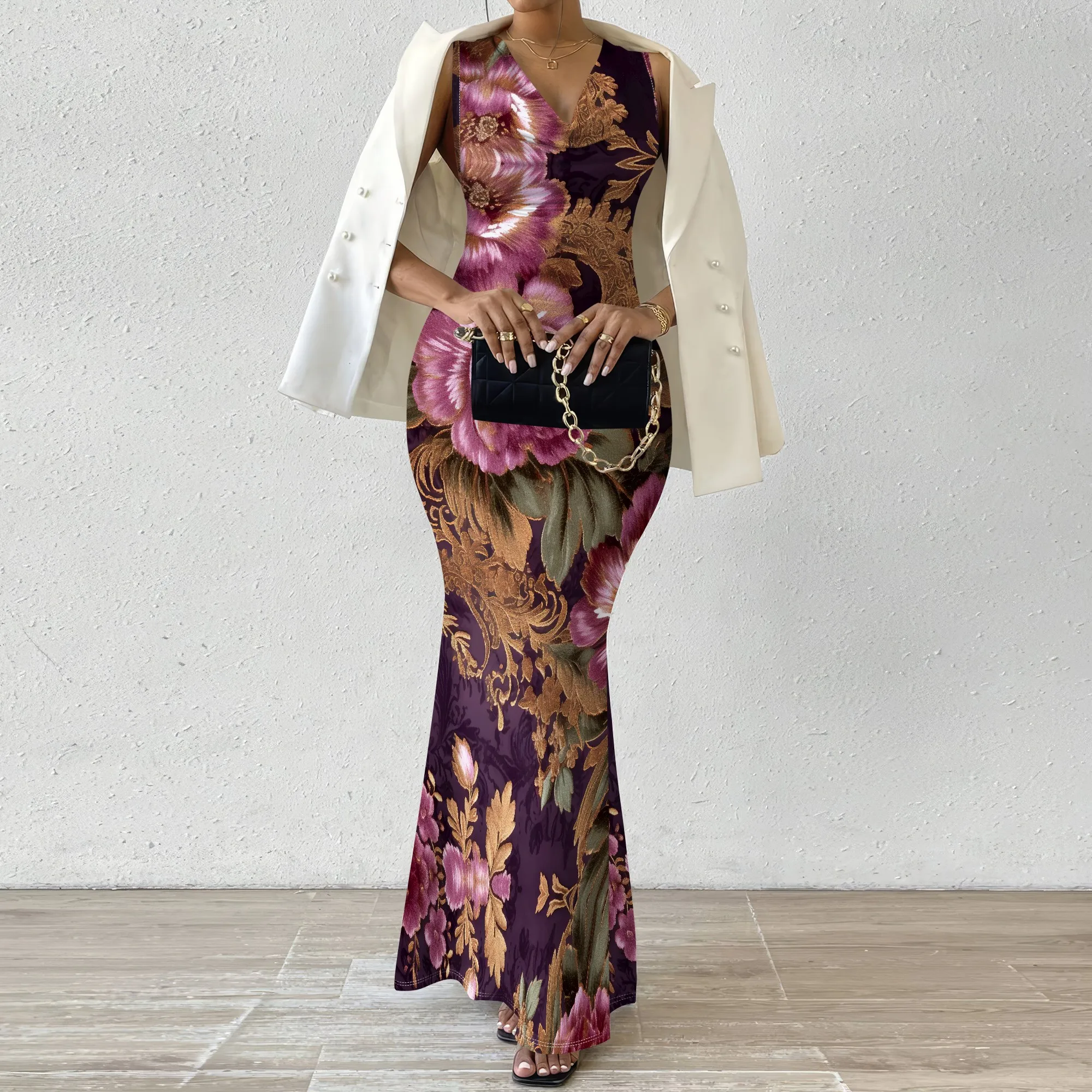 

Women's Boho Floral Maxi Dress V-Neck Sleeveless Bodycon Mermaid Dress for Evening Party Wedding Guest XS-2XL