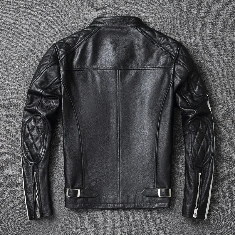 2025 New fashion Men Leather Jacket 100% Genuine Cowhide Coat White Stripes Cool Biker Slim Short Autumn Clothing.