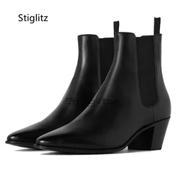 Pointed Toe High Heeled Men's Boots Black Genuine Leather Slip On Ankle Boots Business Dress Wedding Shoes Male Chelsea Boots