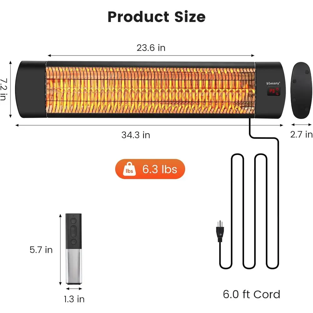 1500W 壁掛け赤外線パティオヒーター、24時間タイマーとリモコン付き、ガレージ、作業場、温室に最適、IP65 W