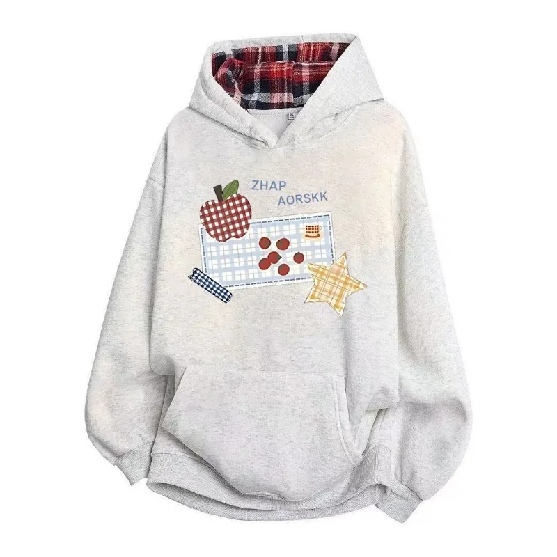 Plaid Lined Apple Star Print Hoodie Women Heavyweight Loose Fleece Casual Sweatshirt