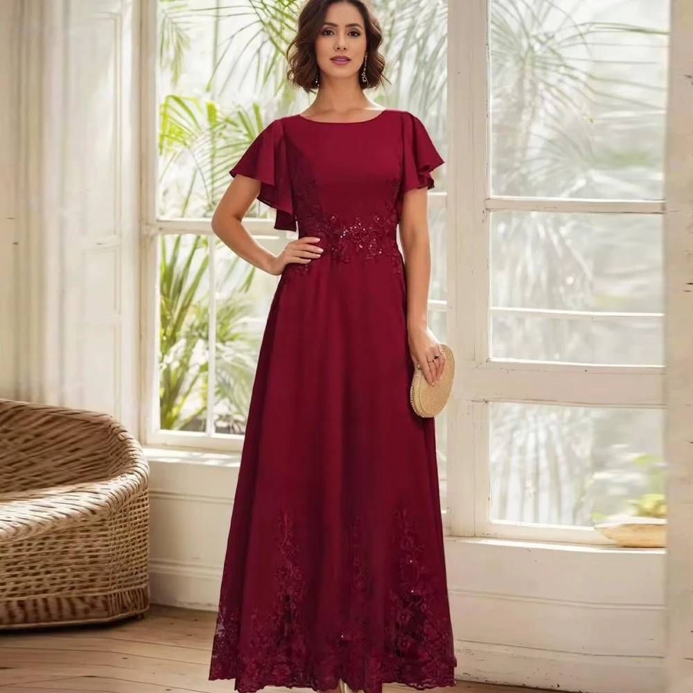 

Customized Flutter Sleeves Mother of Bride Dresses For Women Lace Appliques Chiffon Long Elegant Formal Wedding Party Dresses