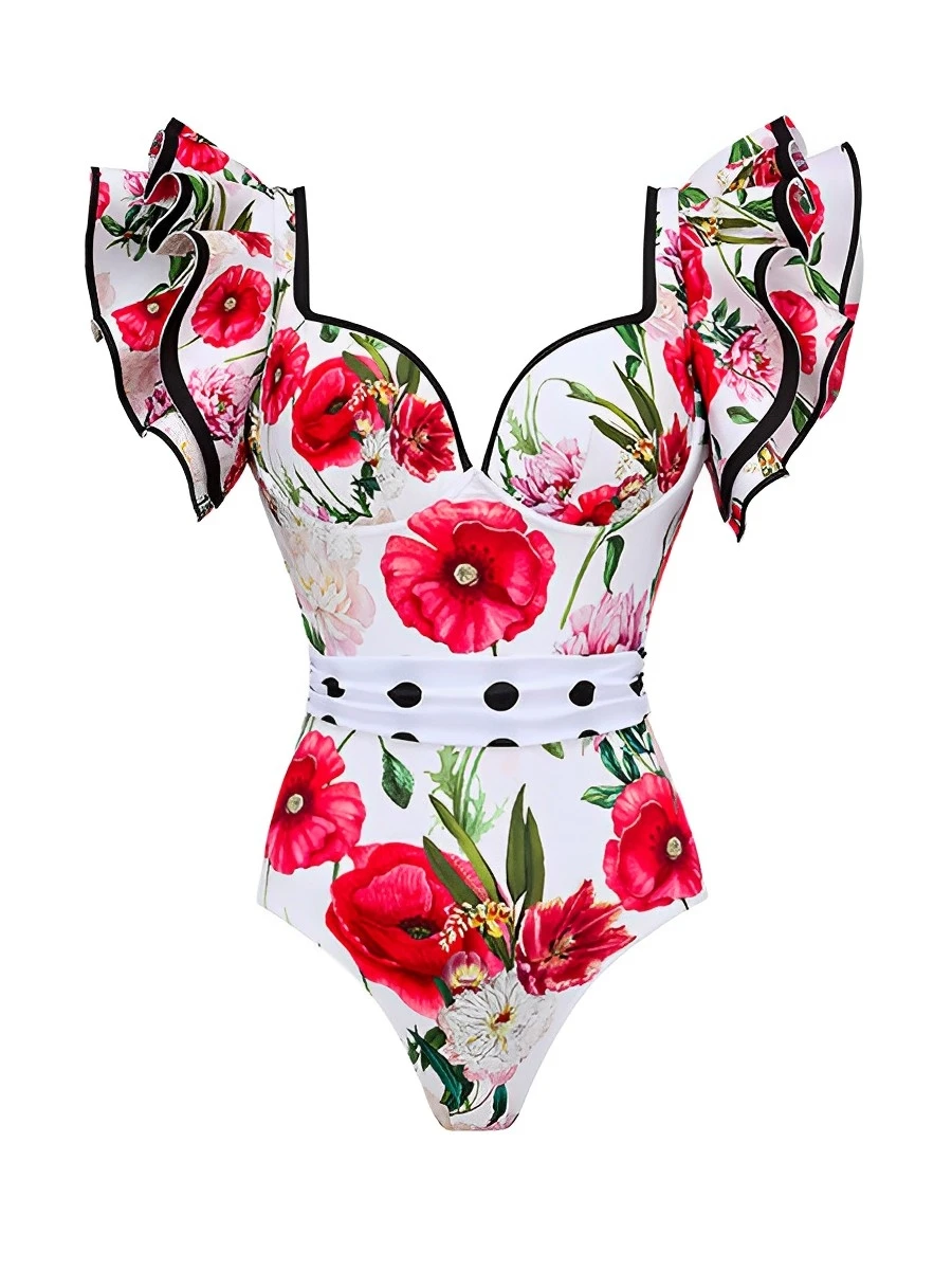 2024 Push Up Floral Frill Shoulder Swimsuit Women One Piece Swimwear Female Beachwear Bathers Bathing Swimming Swim Suit