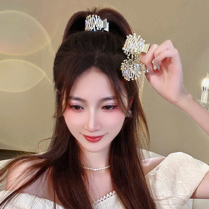 temperament metal gold hair clip female shark hairpin Pearl Rhinestone high ponytail fixed artifact hair claw clips headdress