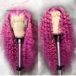 13x4 Hot Pink Curly Human Hair Wig Pre Plucked 13x6 HD Lace Frontal Wig Brazilian Virgin Deep Wave Lace Front Human Hair Wigs