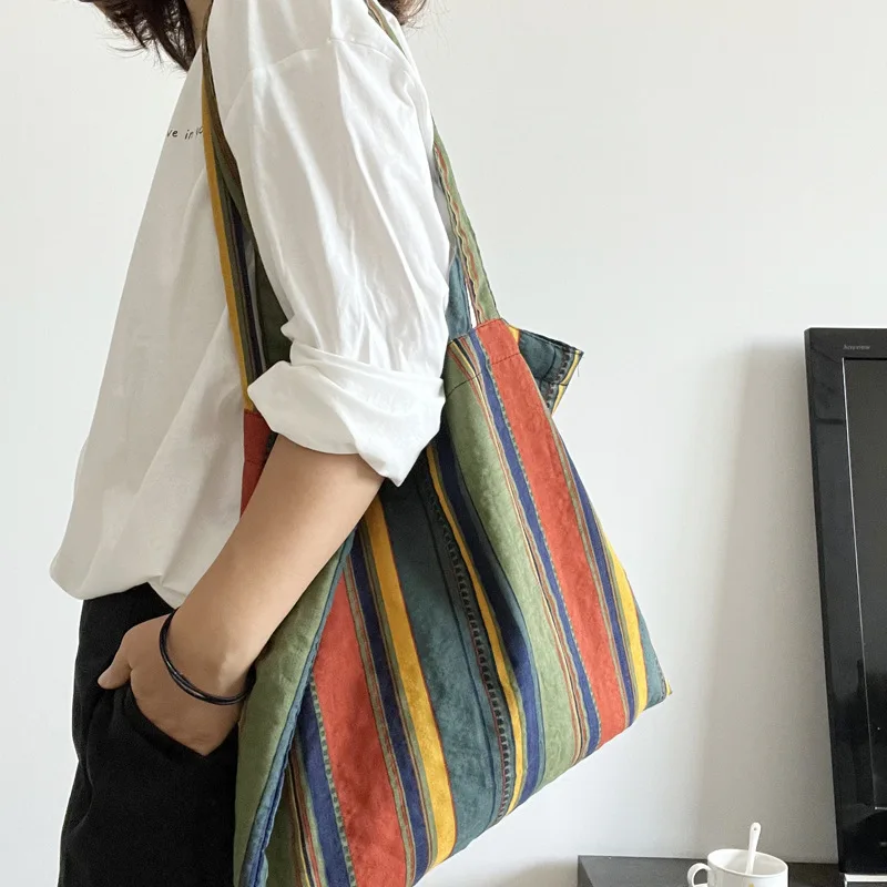 Shoulder Bag Retro Color Contrast Rainbow Stripe Bags Thin Lazy Cotton Linen All-in-one Large Capacity Canvas Women