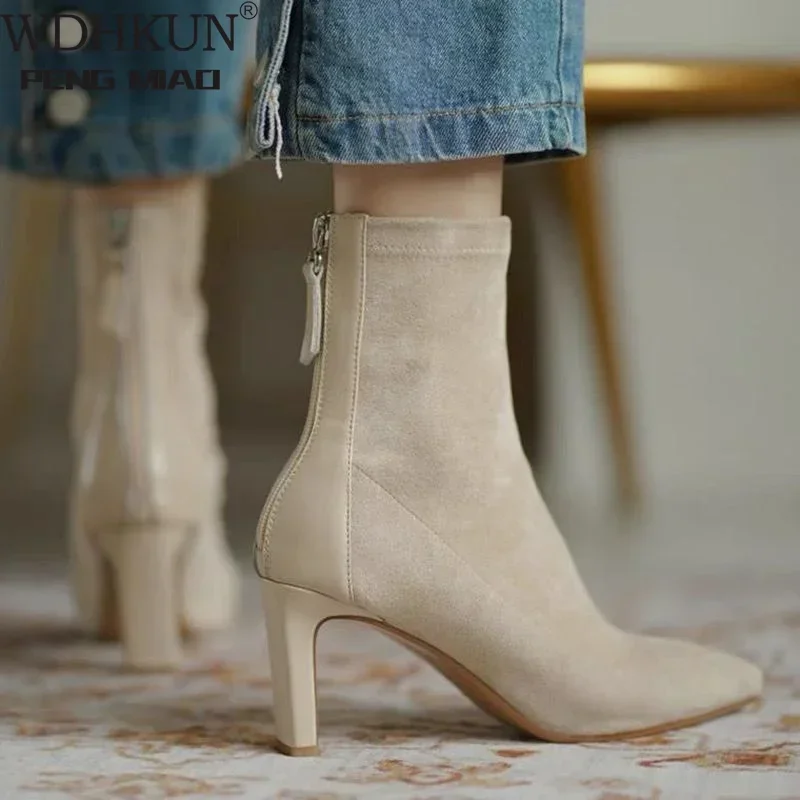 High Heel Boots Women\'s 2021 New Korean Style Autumn and Winter Mid Heel Stretch Thin Boots Pointed Toe Sock Boots Women