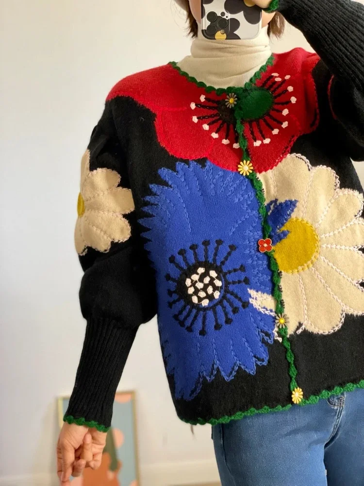 

Flower Embroidery Vintage Cardigan Fluffy Sleeve Knitted Jacket Women's Sweater Coat Multicolor Autumn/Winter Knitwear Clothing