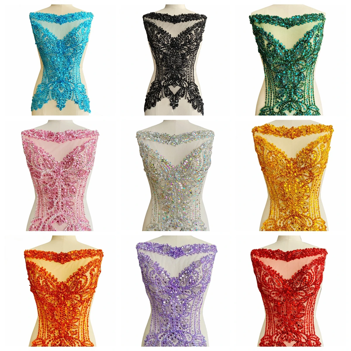 

14 Colors Handwork Beaded Rhinestone Sew-on Iron Patches Bridal Costume Trims Decorative Embellishments Fabric
