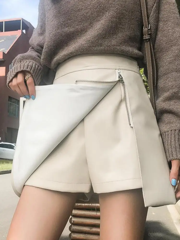 Koreańska Moda Damska Czarna Skórzana Elegancka Seksowna Klubowa Krótka Spódniczka na Zamek Jesień Zima Beżowa Spódniczka Mini w Kształcie Litery A z Wysokim Stanem Popularna
