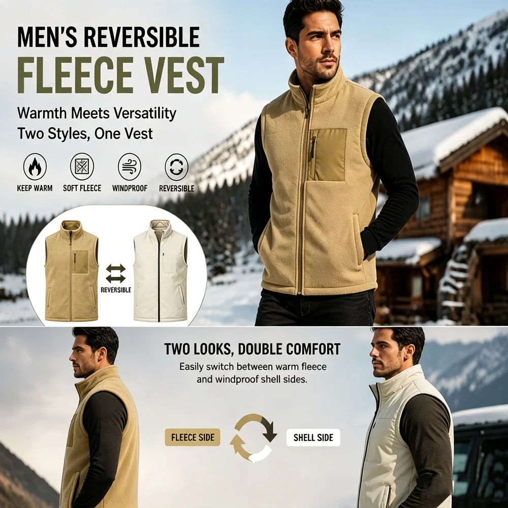 Autumn Men's Warm Cargo Vests Men Hiking Reversible Polar Fleece Waistcoats Men Thermal Windbreaker Workwear Sleeveless Jackets