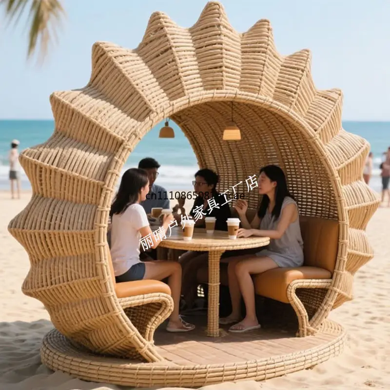 Outdoor Beach Rattan Conch Shape Table Chair Set Creative Leisure Furniture for Seaside Vacation Hot Sale Durable