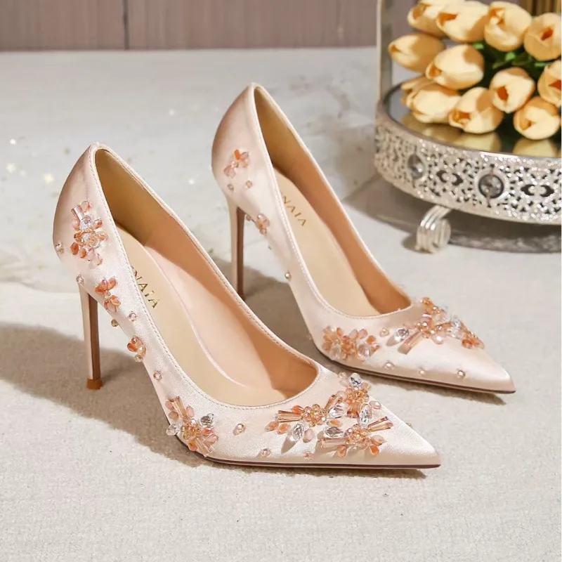 

New Beaded Satins Rhinestone Pointed 6cm 10cm High-heeled Shoes Fashionable Sexy Banquet Wedding Bride Bridesmaid Single Shoes