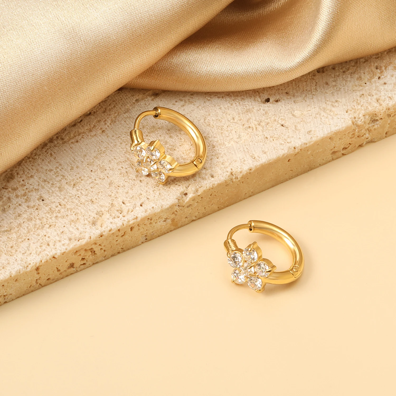 LUXUSTEEL Flower Shape Metal Hoop Earrings Crystal Stainless Steel Stud Earrings for Women Girls Female Earring Jewelry