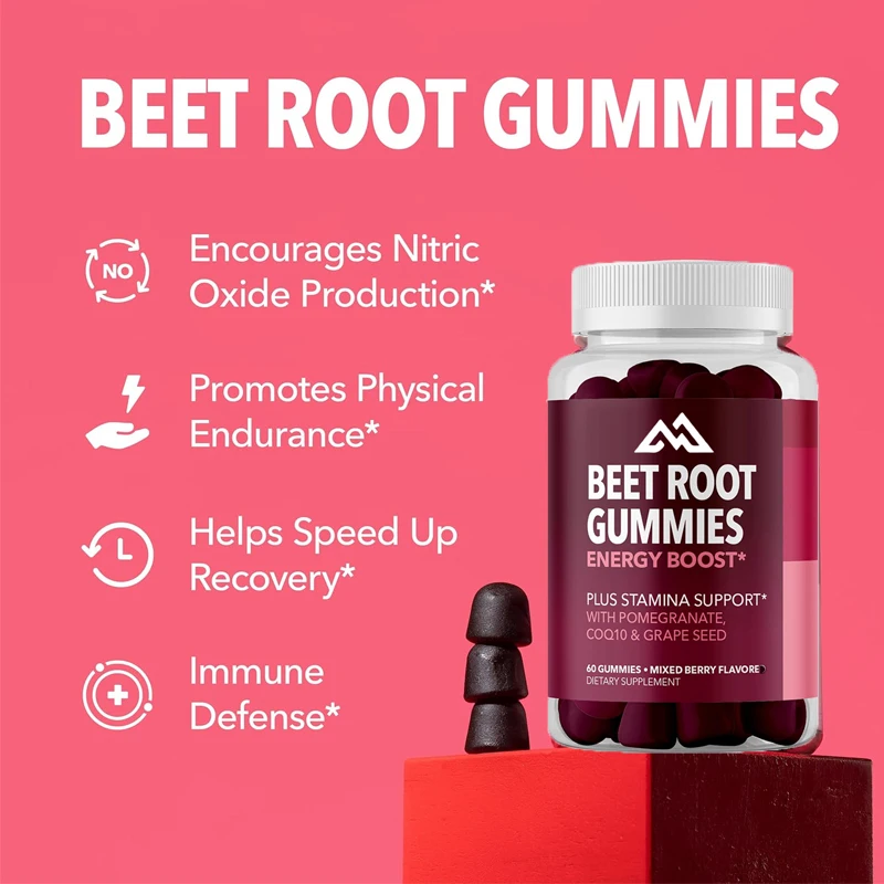 Beet root gummies contain coenzyme Q10 energy supplements and pomegranate extract, supporting 60 healthy energy pills