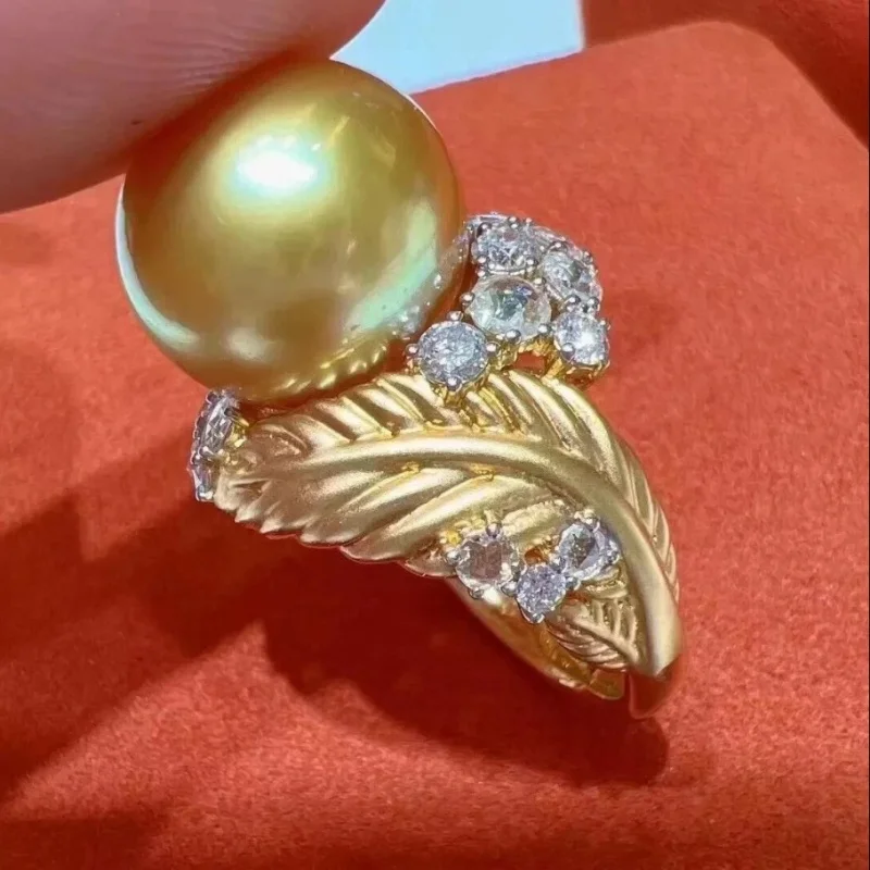 Authentic Natural South Sea Gold round Pearl Ring 11-12mm AAAAA Quality Elegant Jewelry for Women 925 Silver