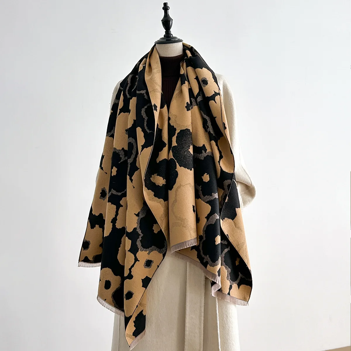 Autumn And Winter Double-Sided Cashmere Padded Warm Flower Scarf Women's Air-Conditioned Room Travel Neck Shawl Foreign Trade