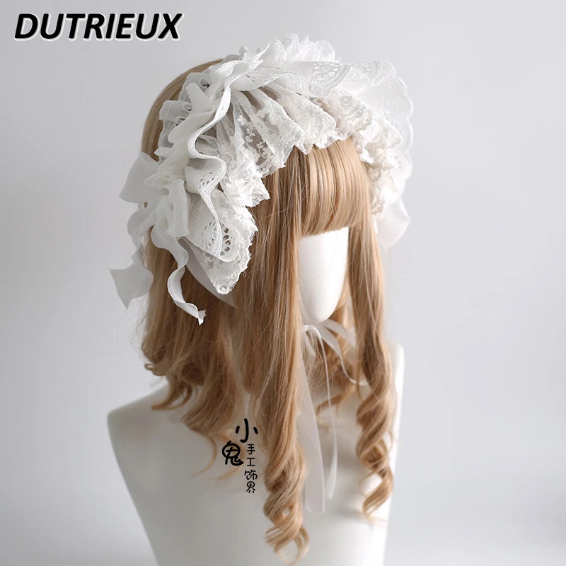 White Japanese Style Original Sweet Cute Girls Lolita Headband Cute Bow Hair Clips Accessories Versatile Lace Up Headgear