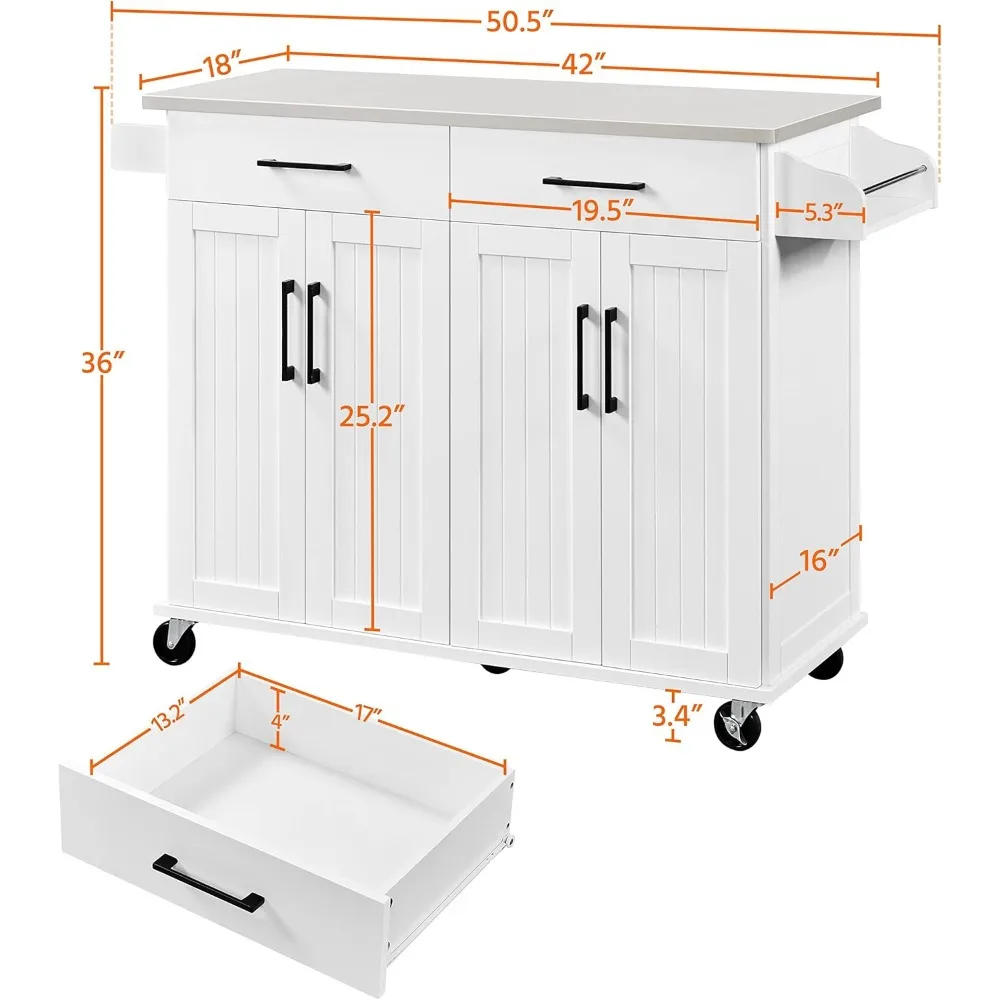 Kitchen Island Cart with Storage Portable Kitchen Island on Wheels with Cabinet & Adjustable Shelves & 2 Drawers White