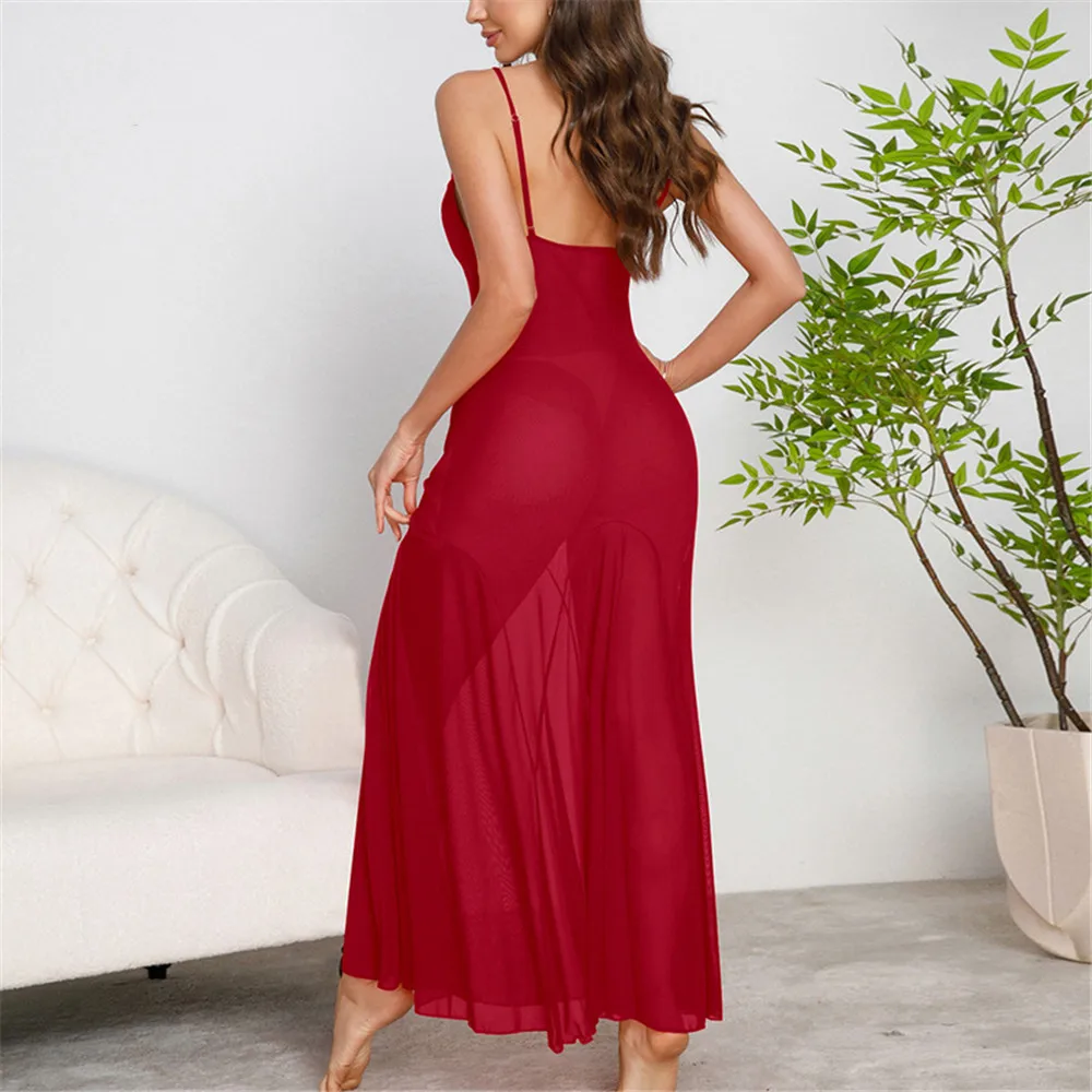 Summer Chiffon Female Long Nightgown Sleepwear Sexy Mesh Suspender Nightdress Nighty Home Dress Loungewear 3