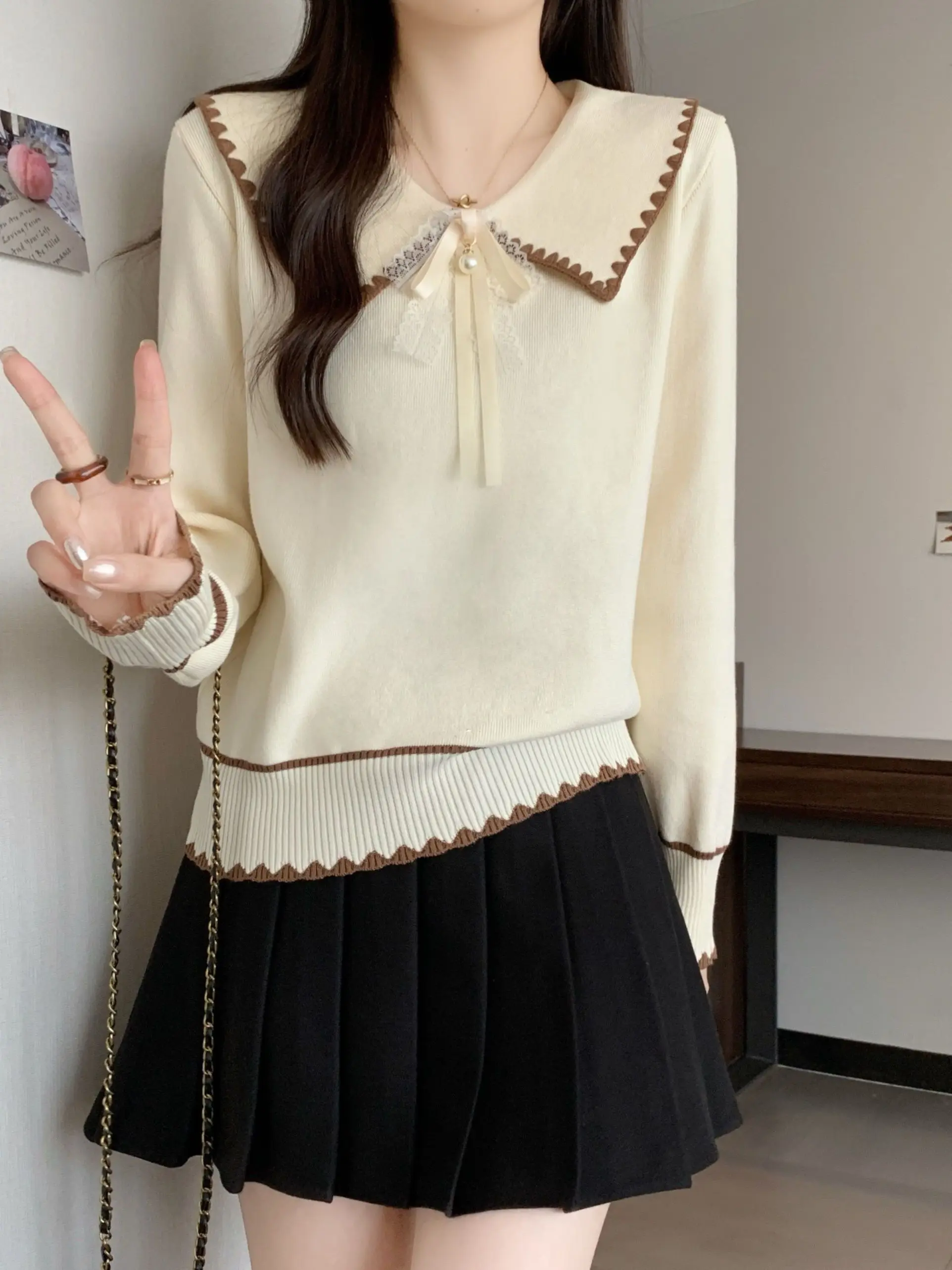 Женский вязаный свитер с воротником-бабочкой Long Sve Inner Wear Утягивающий мягкий топ Small Fraance Sle Top на осень