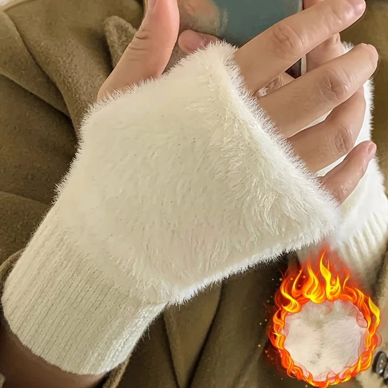 Plush Splicing Knit Gloves Stylish Solid Color Fingerless Hand Warmers With Thumb Hole Winter Coldproof Versatile Writing Gloves