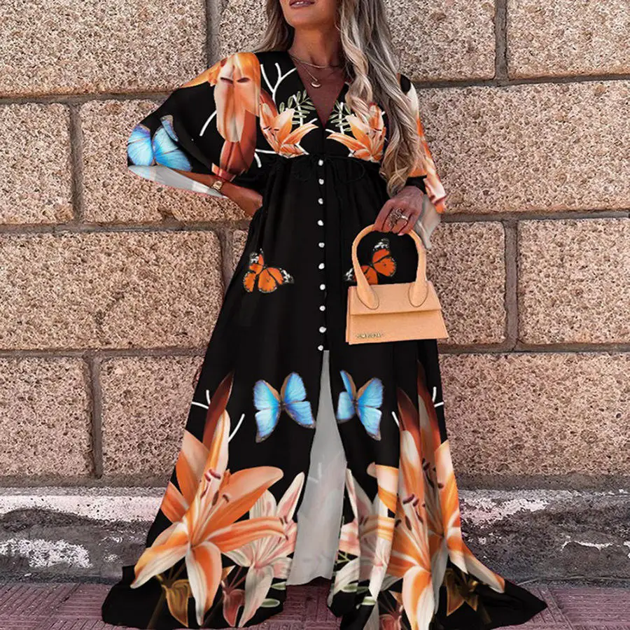 فستان صيفي 2025 بياقة على شكل V مع طباعة وأكمام ثلاثة أرباع وخصر مرتفع وتنورة على شكل حرف A بأسلوب عملي أساسي