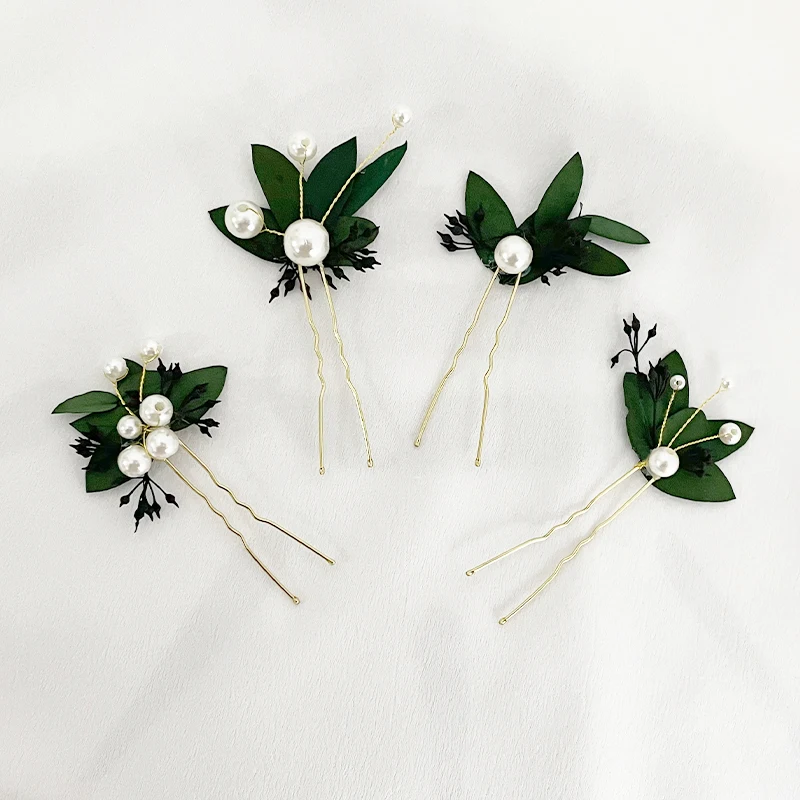 Handmade Eucalyptus Hair Pin Vine Bridal FloralHhair Piece Boho Green Flower, Pearl Dried Flower Pin Southwestern Wedding Decor