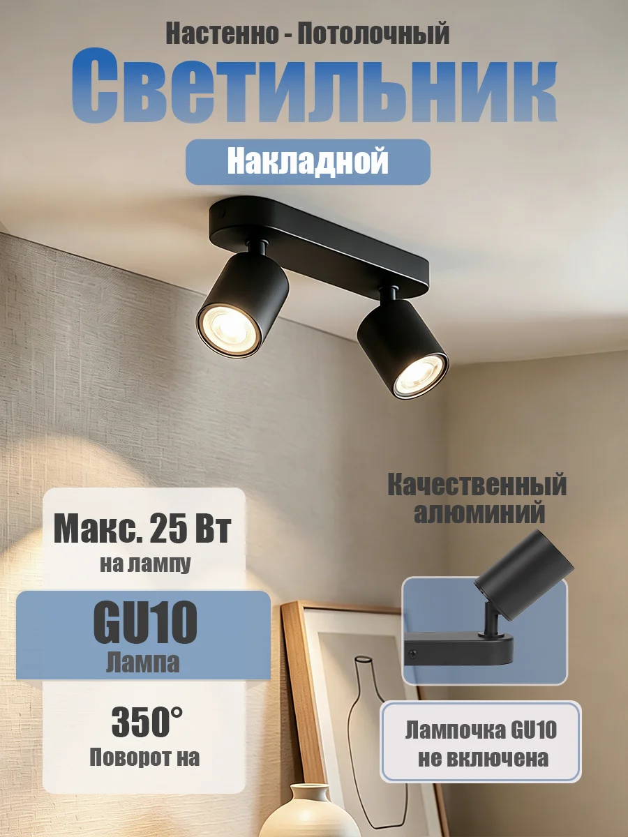 Ceiling Spotlight Black 2 Bulbs Changeable Gu10 Socket Ac85-265V Decorative Light Fixture for Bedroom, Hallway, Home Corridor