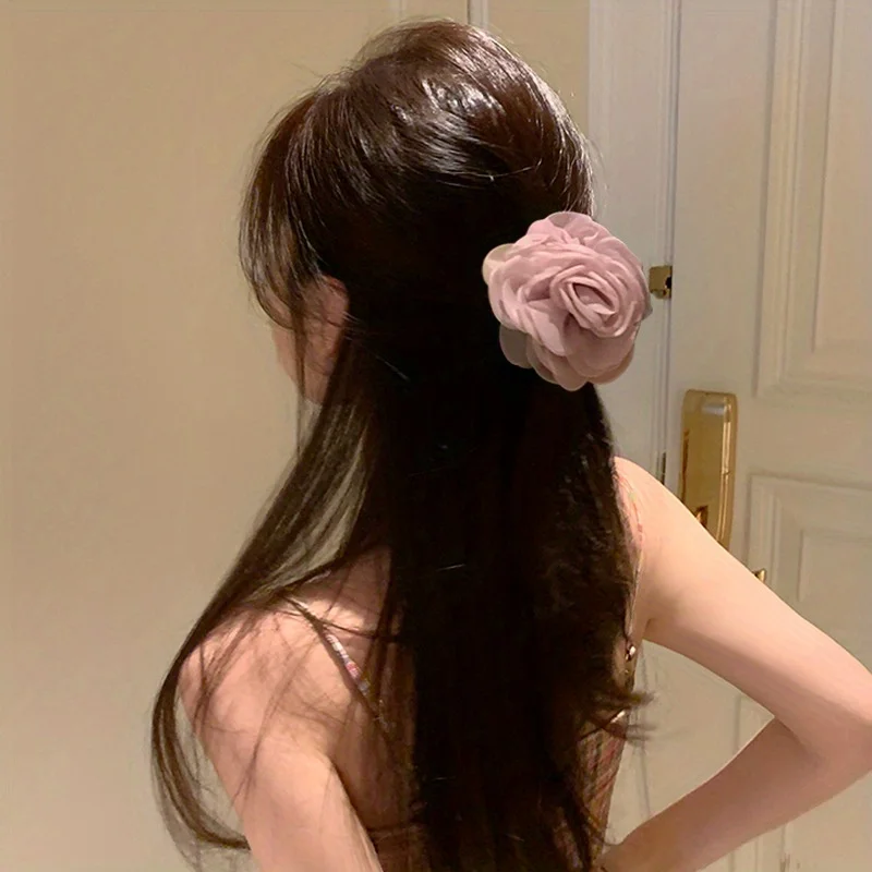 Pink Organza Camellia Scrunchie - Luxury Rose Hair Tie for Women, Floral Hair Accessories for Daily Use Hair Bands for Girls
