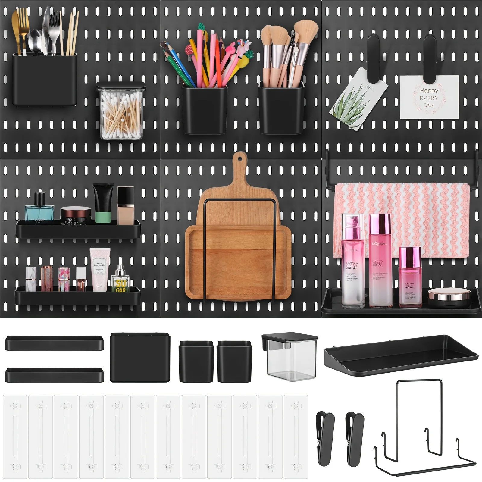 

17pcs Pegboard Set Measuring 33 by 22 Inches, Including 16 Additions Such As Shelf Storage Bins, Hook Brackets, (In Black)