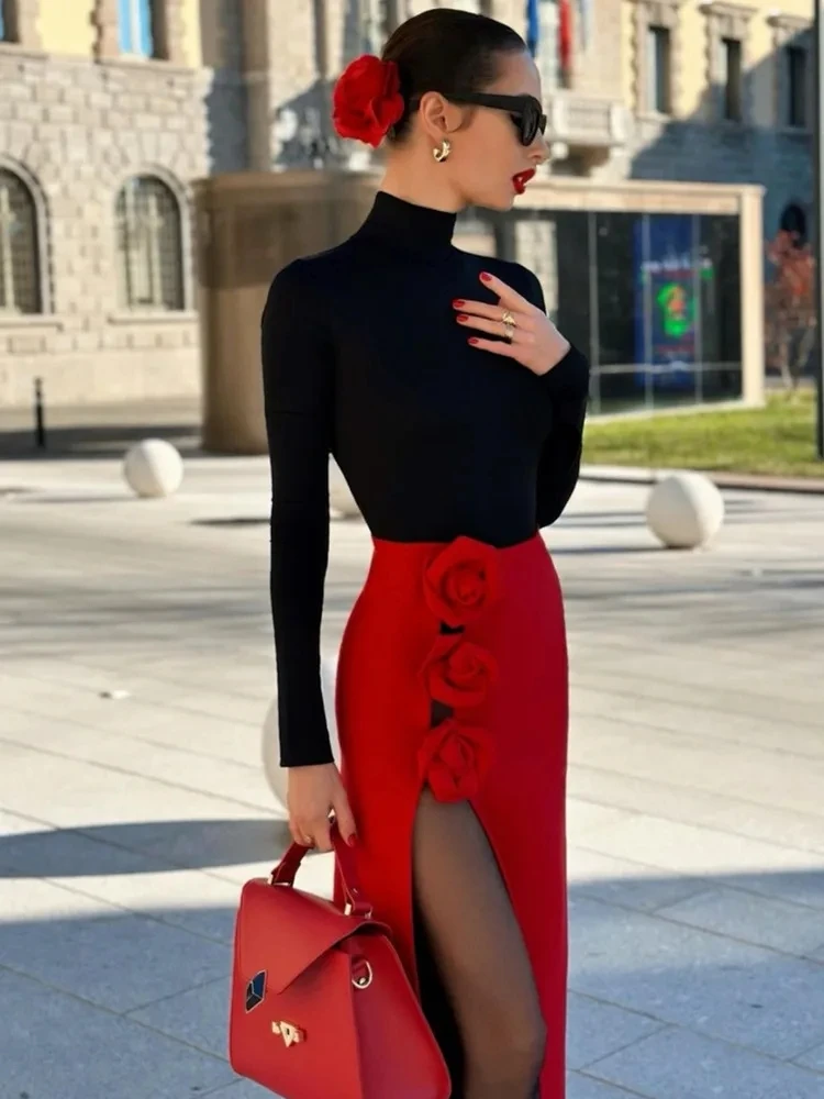 Summer New Women Black Red Flower Bandage Skirt 2024 Designer High Waist Party Office Lady Elegant Split  Bodycon Skirt