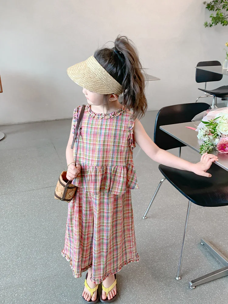 

New Sleeveless Wooden Ear Color Fashionable Plaid Two-Piece Set 2025 Girls' Summer