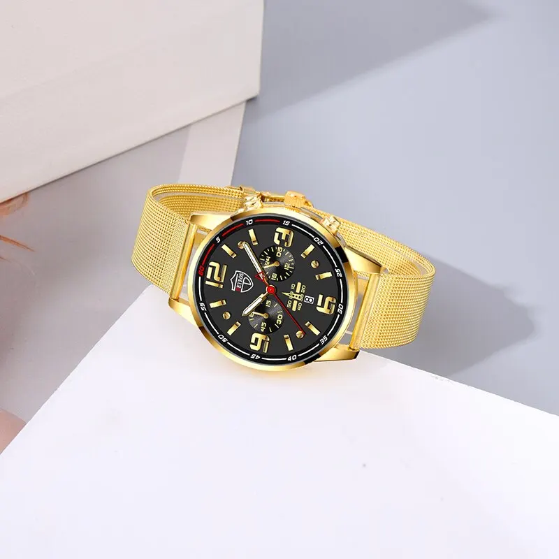 2PCS Fashion Mens Business Sports Watches Male Casual Stainless Steel Mesh Belt Quartz Watch Men Necklace Wrist Watch