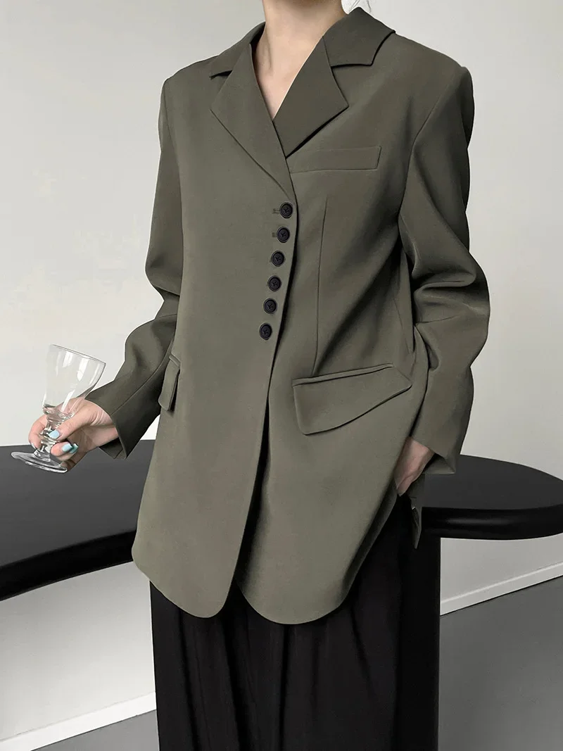 QNPQYX New Women Notched Pocket Blazer Coat Korean Solid Color Long Sleeve Suit Jacket Coats Spring Autumn New Button Top 6Y6507