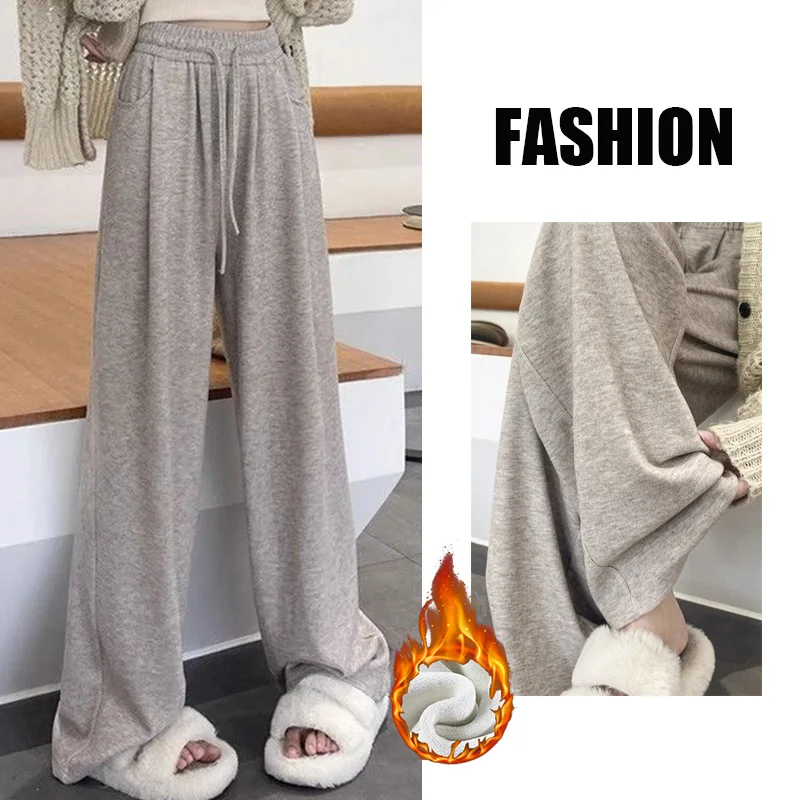 

2024 Winter Girls Pants Snow Warm Classic Basic Velvet Pants Lady Solid Versatile Daily Thermal Thicken Straight Leg Trousers