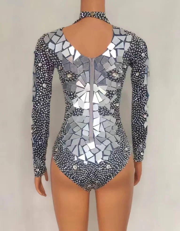 Sparkly Silver Rhinestones กระจก Leotard ผู้หญิงวันเกิด Party ชุดเครื่องแต่งกายเต้นรำ DS บาร์แสดง Bodysuit เครื่องแต่งกาย